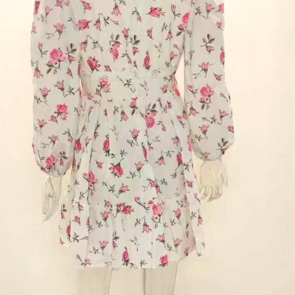 WHITE WITH TINY PINK FLOWERS XL ABOVE THE KNEE DEEP V NECK HIGH WAIST LACE DRESS - Picture 5 of 7